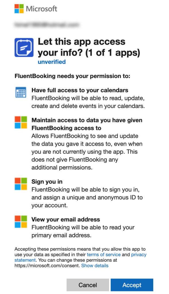 fluentbooking outlook permission